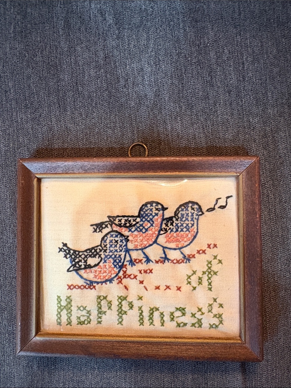 Hand-Cross Stitched Bluebird of Happiness in Frame